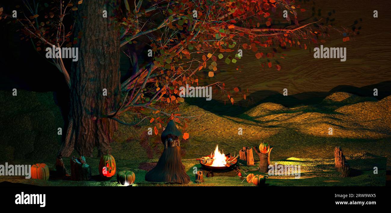 Halloween background. Witch with pumpkins making fire in spooky enchanted forest in the night. 3D render illustration. Stock Photo