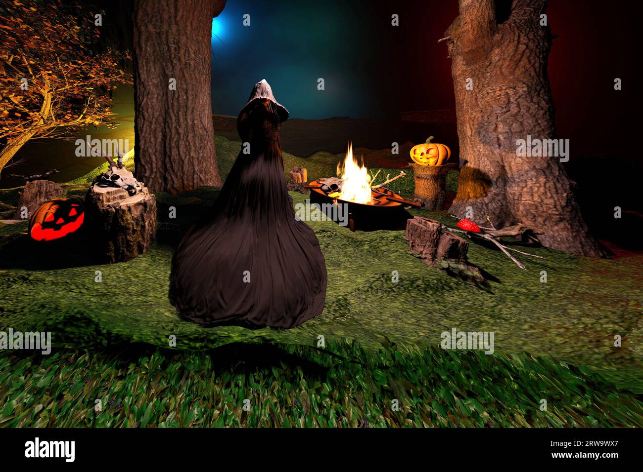 Halloween background. Witch with pumpkins making fire in spooky enchanted forest in the night. 3D render illustration. Stock Photo