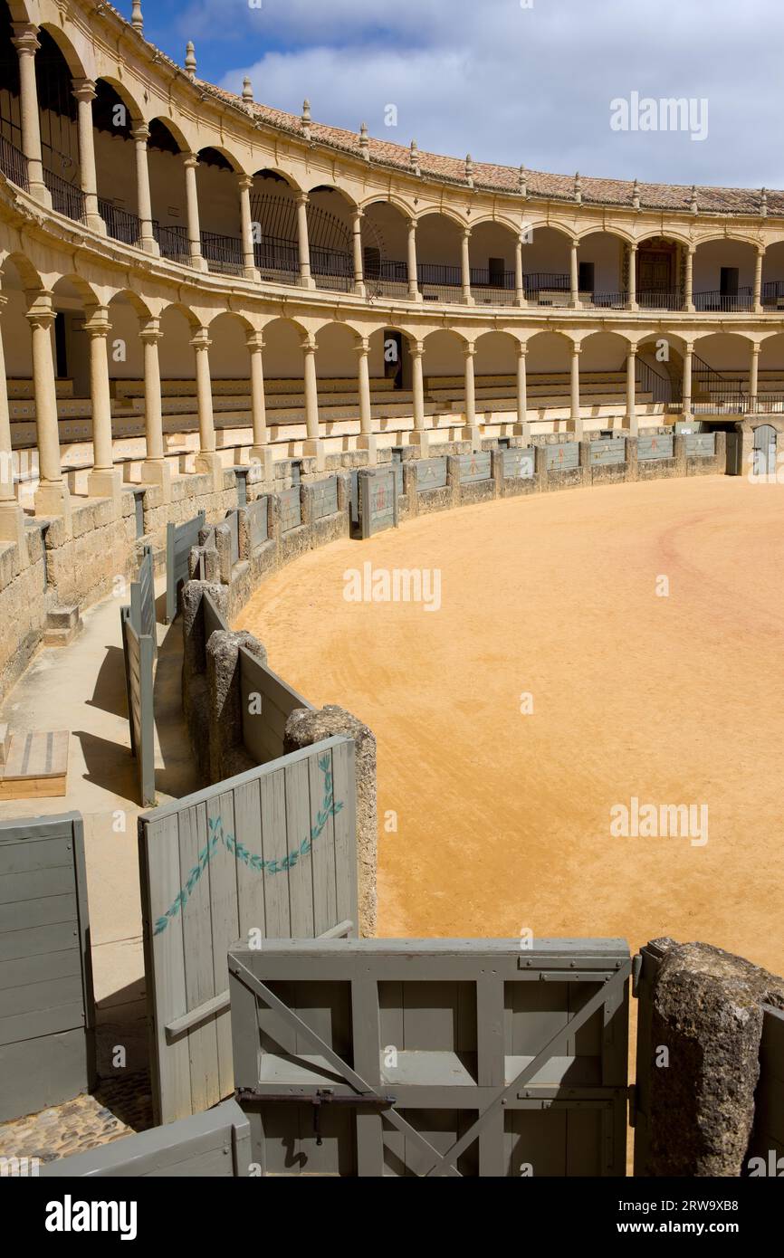 Open gate to bullring in Ronda, opened in 1785, one of the oldest and most famous bullfighting arena in Spain Stock Photo
