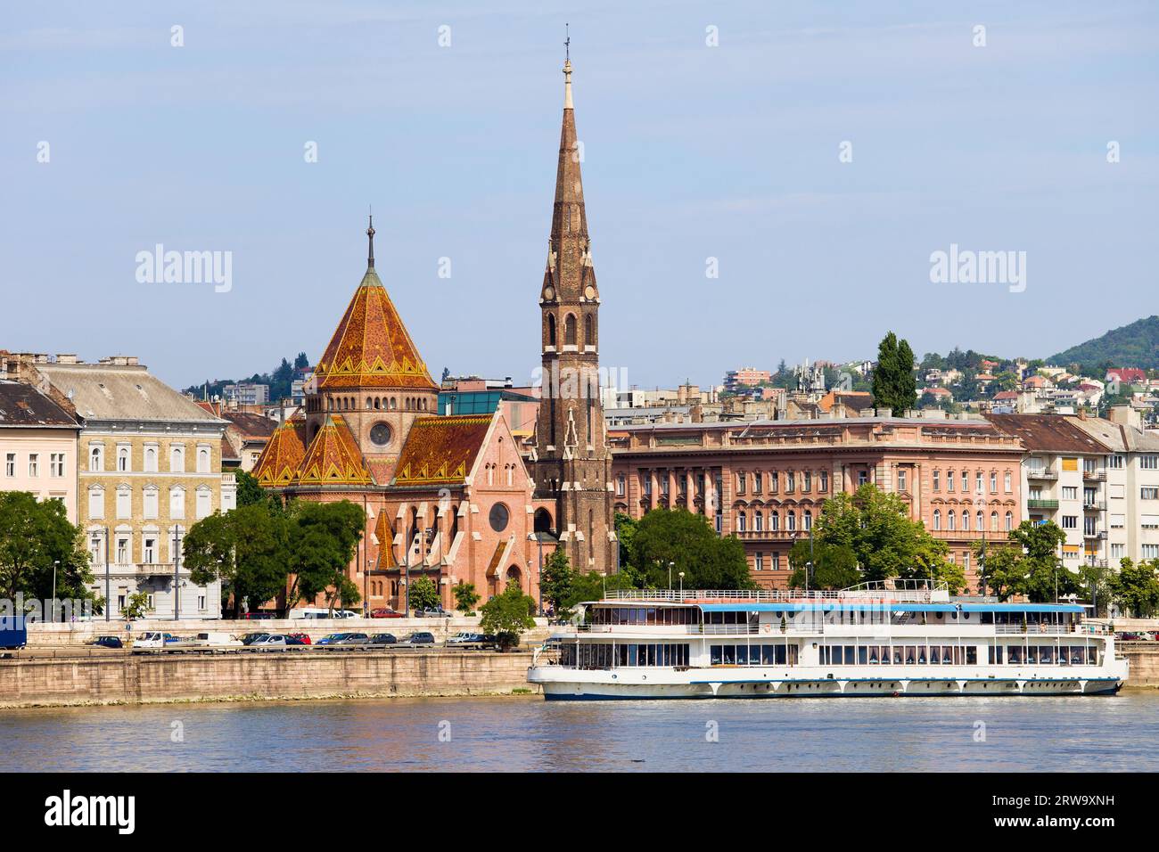 19th century Buda Reformed Church, tenement houses and Danube River
