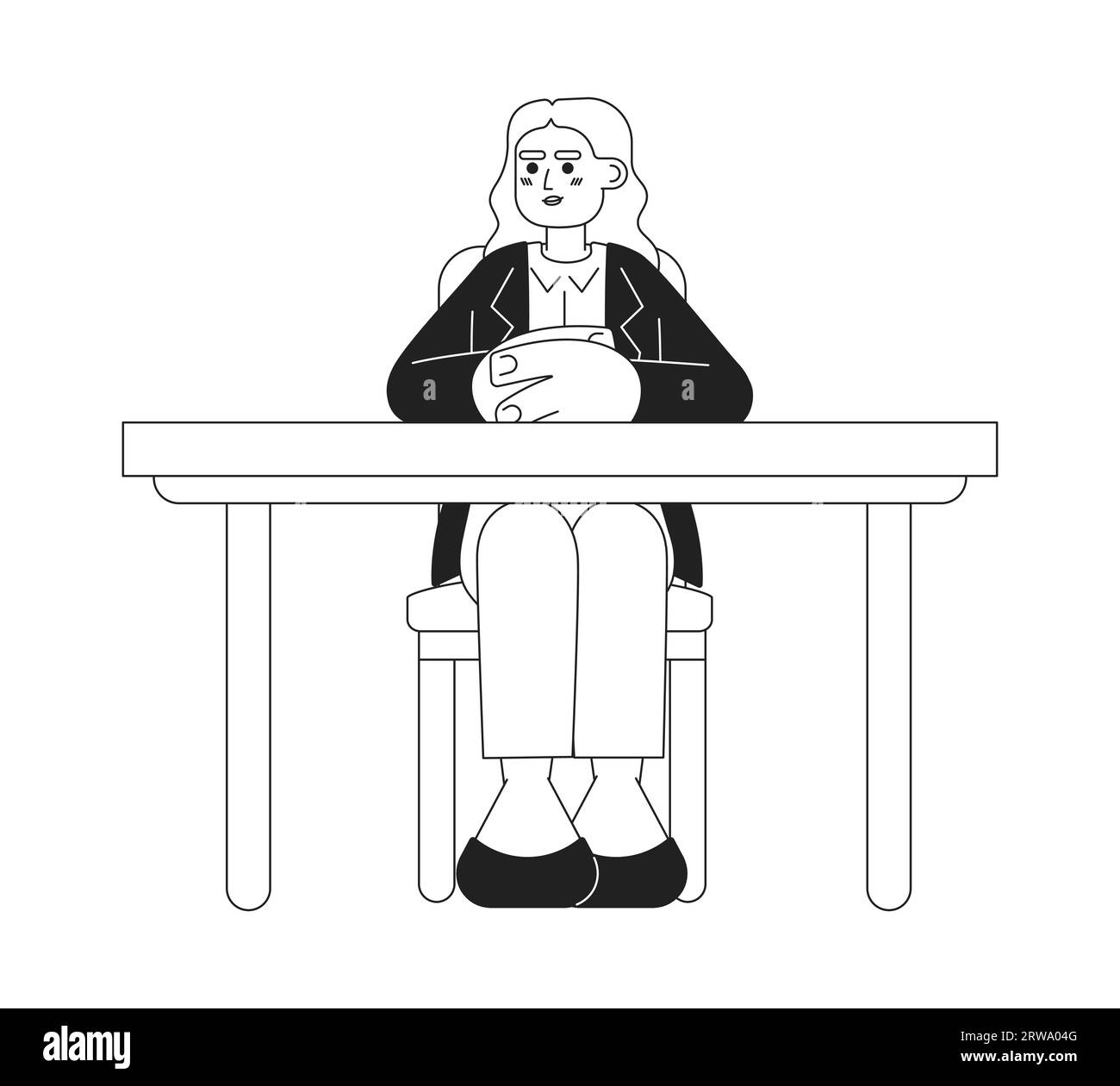Middle eastern boss lady sitting at desk black and white 2D cartoon character Stock Vector
