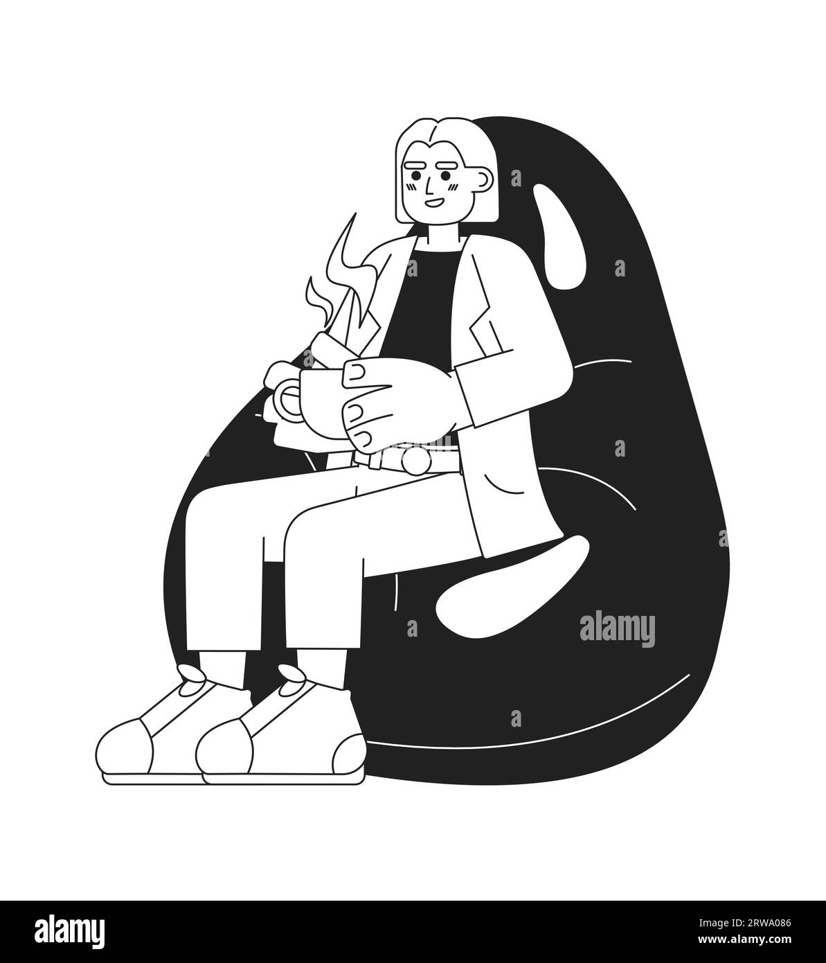Bean bag woman holding coffee cup black and white 2D cartoon character