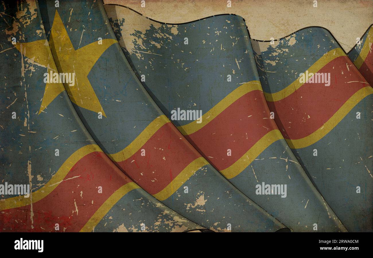 Background illustration of an old paper with a print of a waving Flag of Democratic Republic of Congo Stock Photo