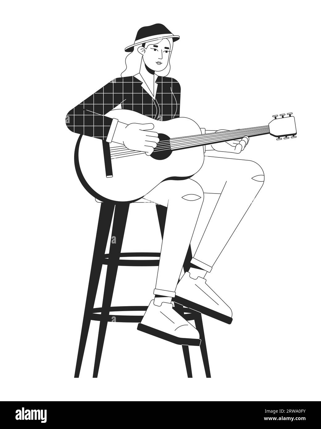 Female Guitarist Playing Country Music Black And White Cartoon Flat