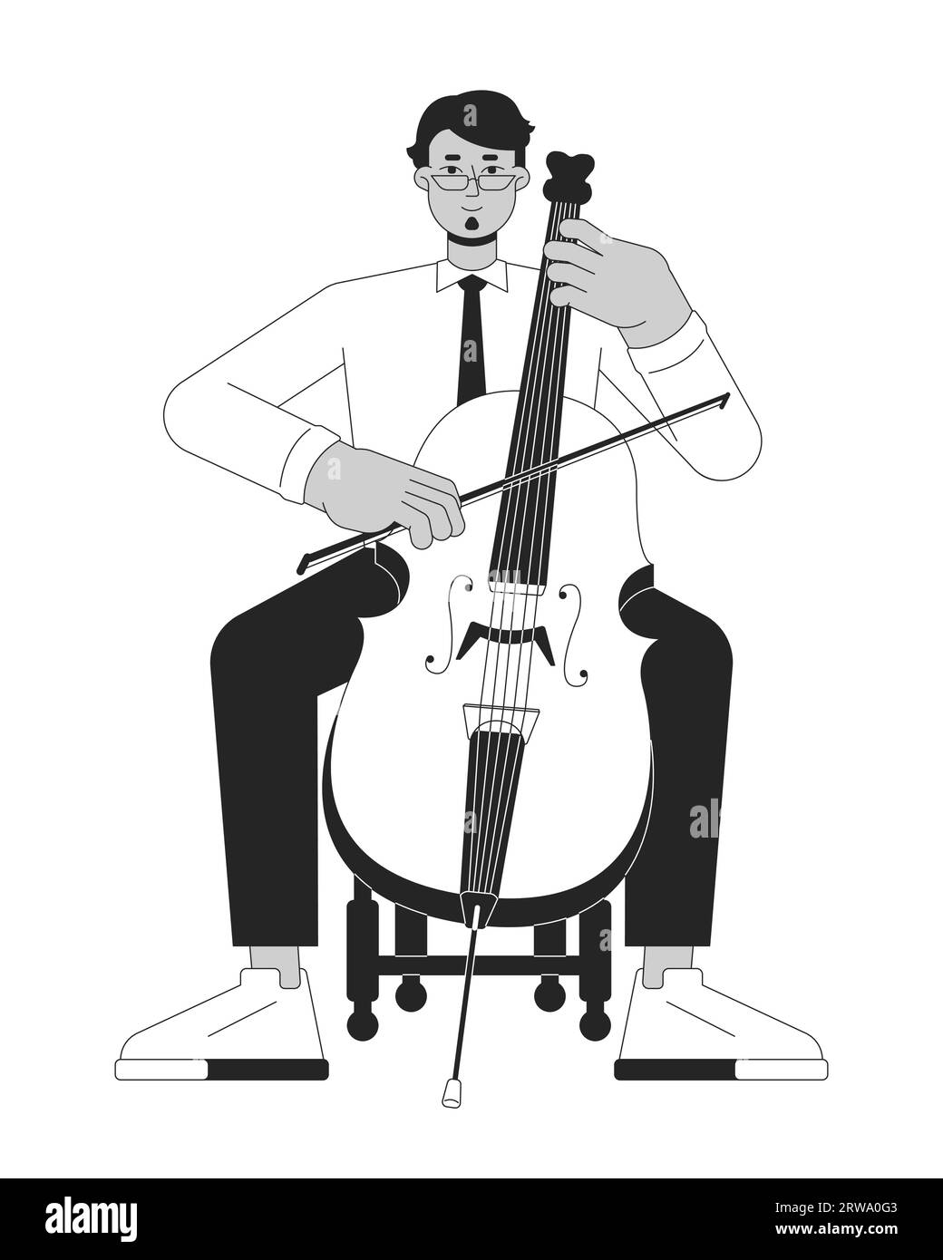 Cello musician black and white cartoon flat illustration Stock Vector ...