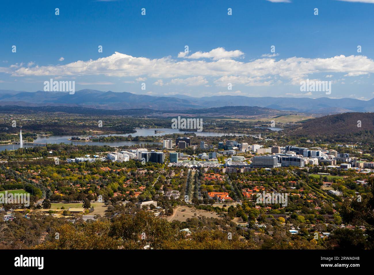 A view over Canberra CBD from Mt Ainslie on a sunny autumn day Stock Photo