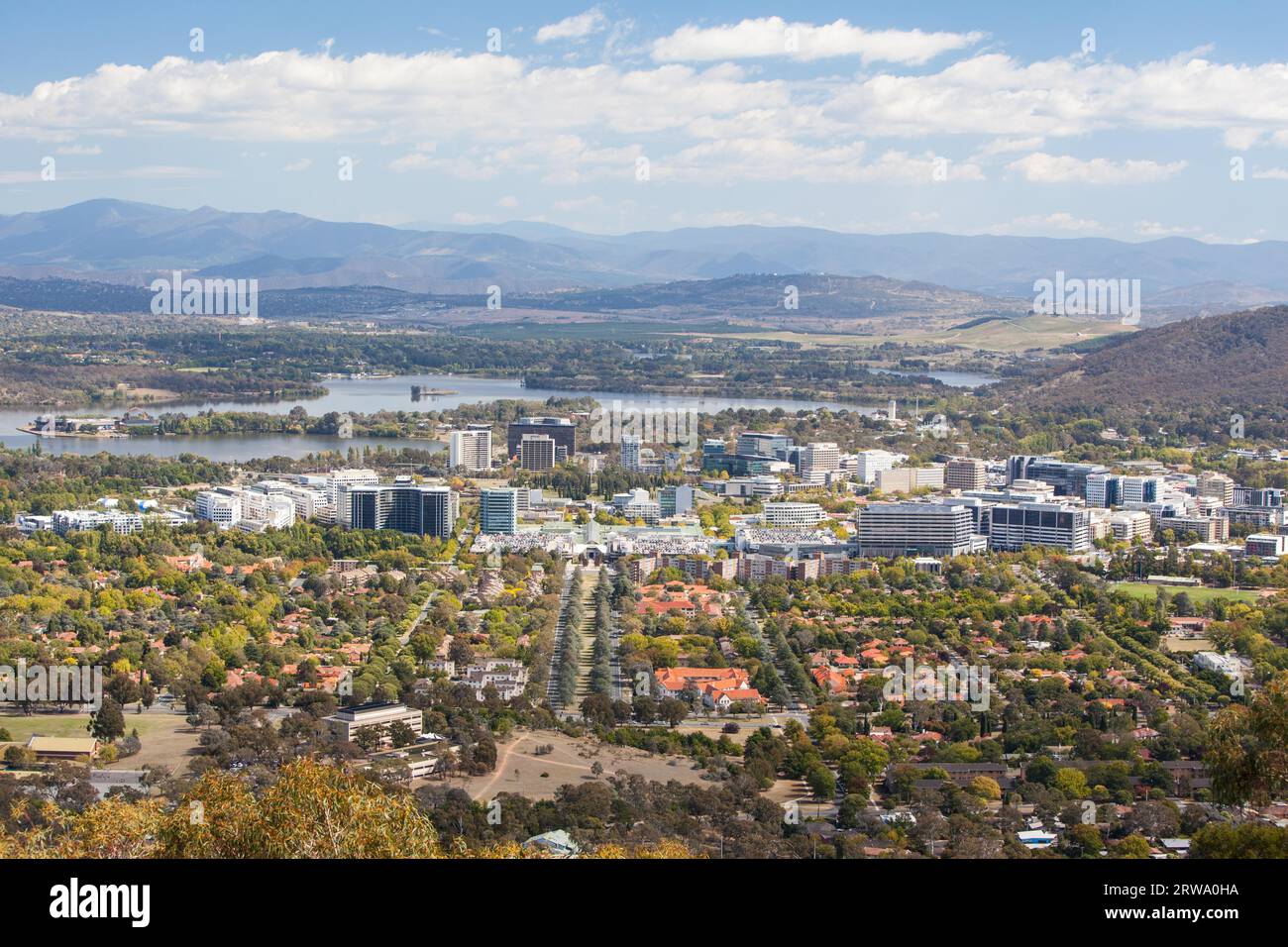 A view over Canberra CBD from Mt Ainslie on a sunny autumn day Stock Photo