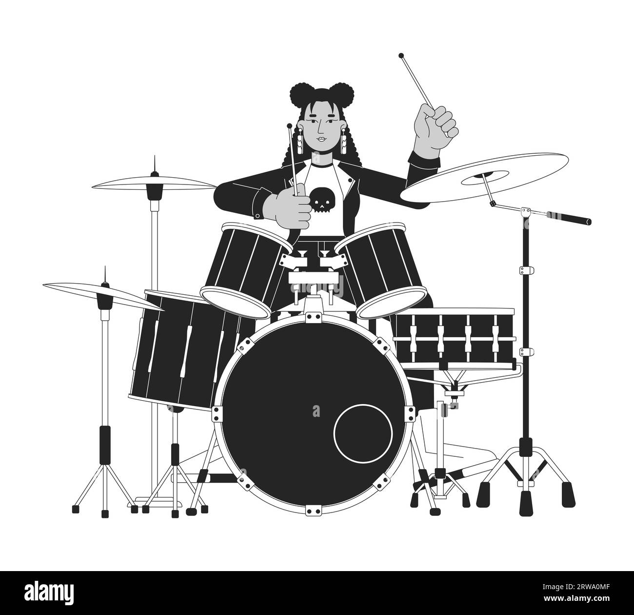 Female drummer rocker black and white cartoon flat illustration Stock