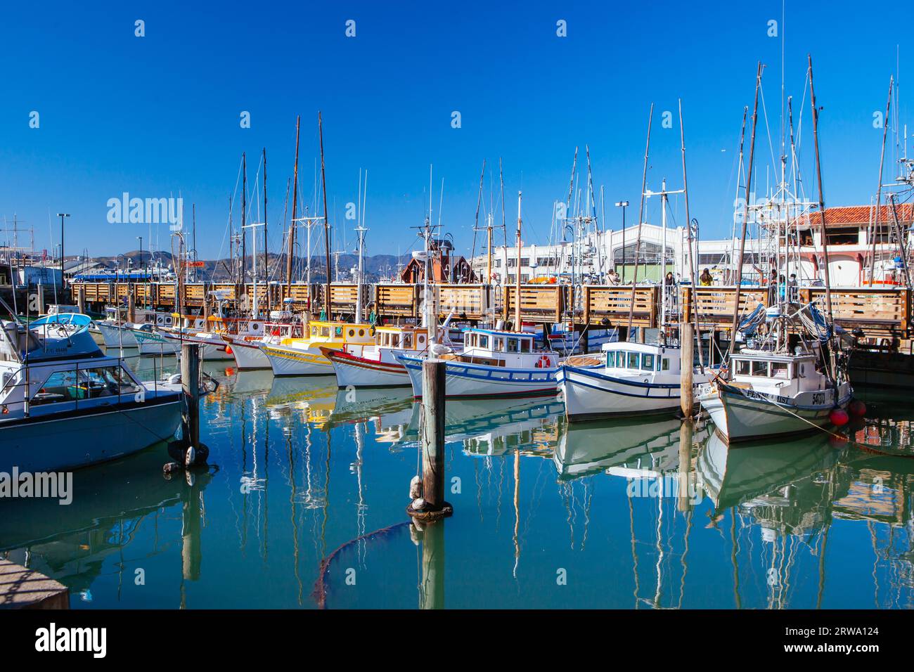 San Francisco, USA, February 11 2013: Boats near Fisherman's Wharf and Pier 39 in San Francisco, California, USA Stock Photo