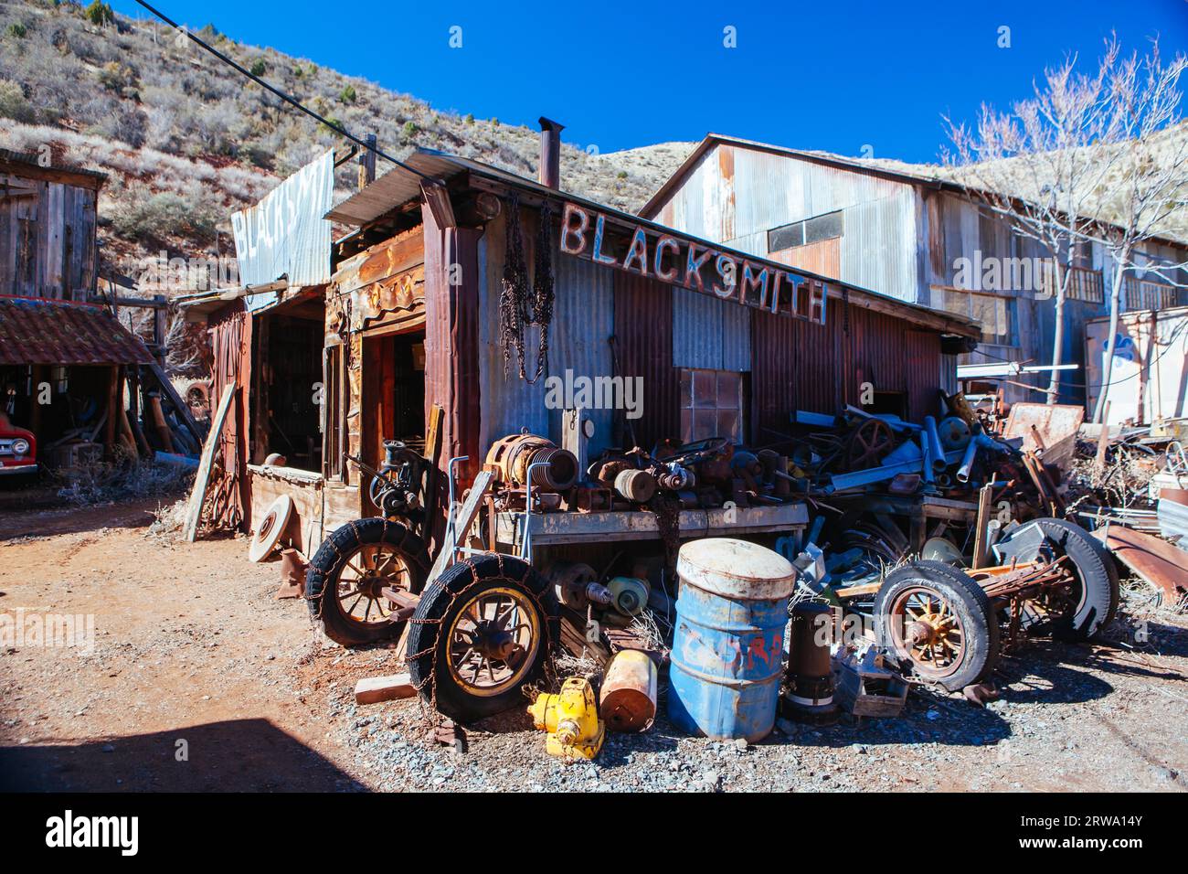 Jerome, USA, February 4, 2013: The iconic tourism hotspot that is the Gold King Mine Museum and ghost town on a clear day near Jerome in Arizona USA Stock Photo