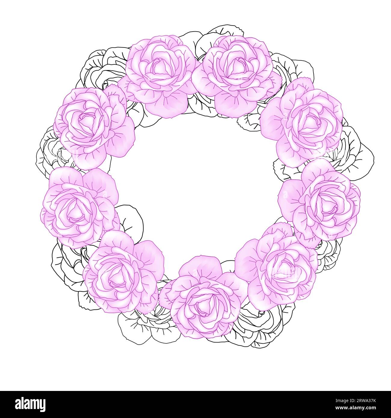 Hand drawn roses head Circle wreath for packaging, social media post, cover, banner, creative post and wall arts. Isolated rose bud sketches in black Stock Vector