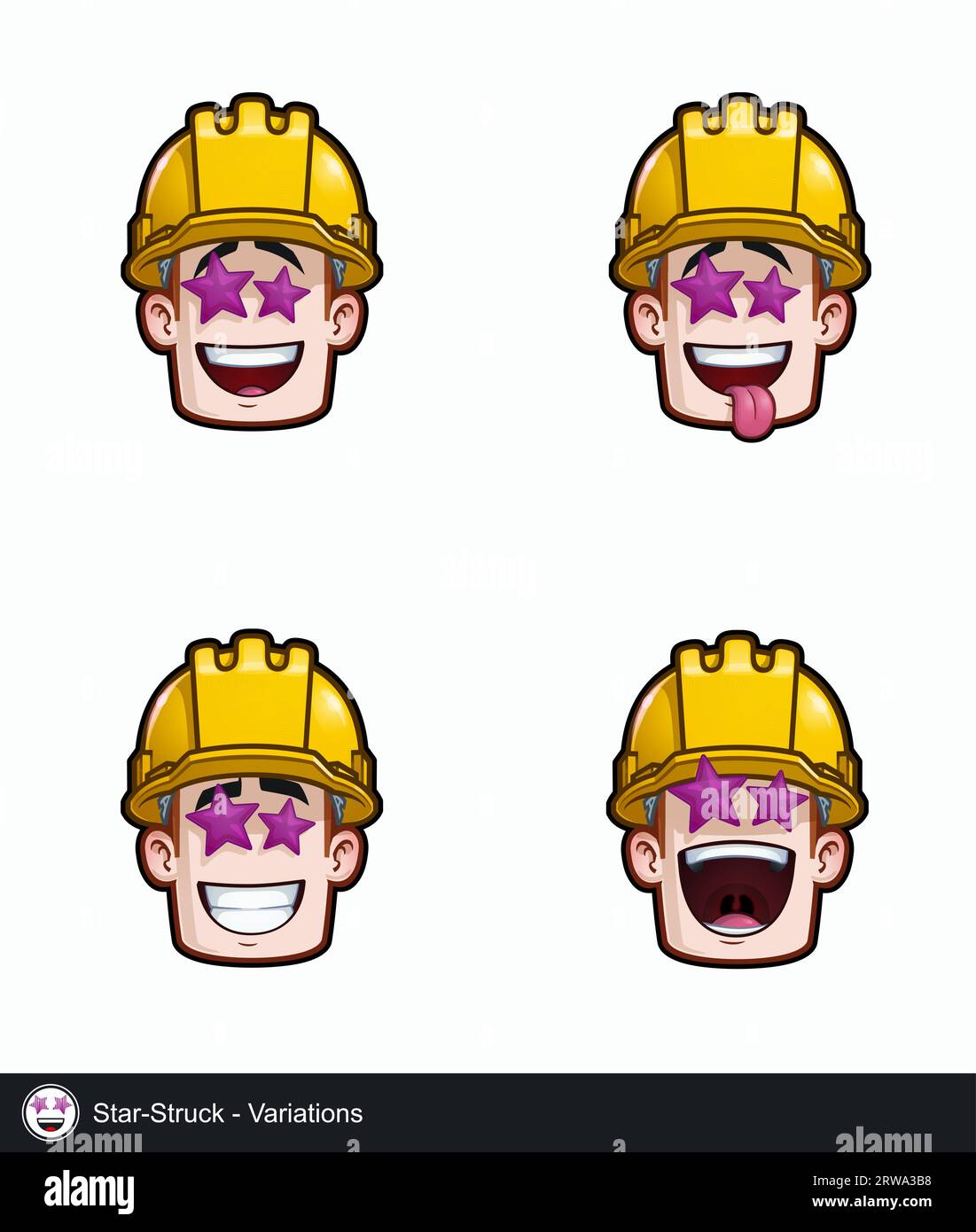Icon set of a construction worker face with Star Struck emotional expression variations. All elements neatly on well described layers and groups. Stock Vector