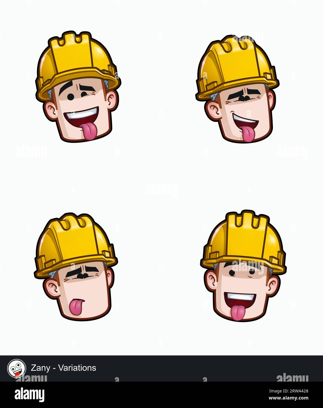 Icon set of a construction worker face with Zany emotional expression variations. All elements neatly on well described layers and groups. Stock Vector