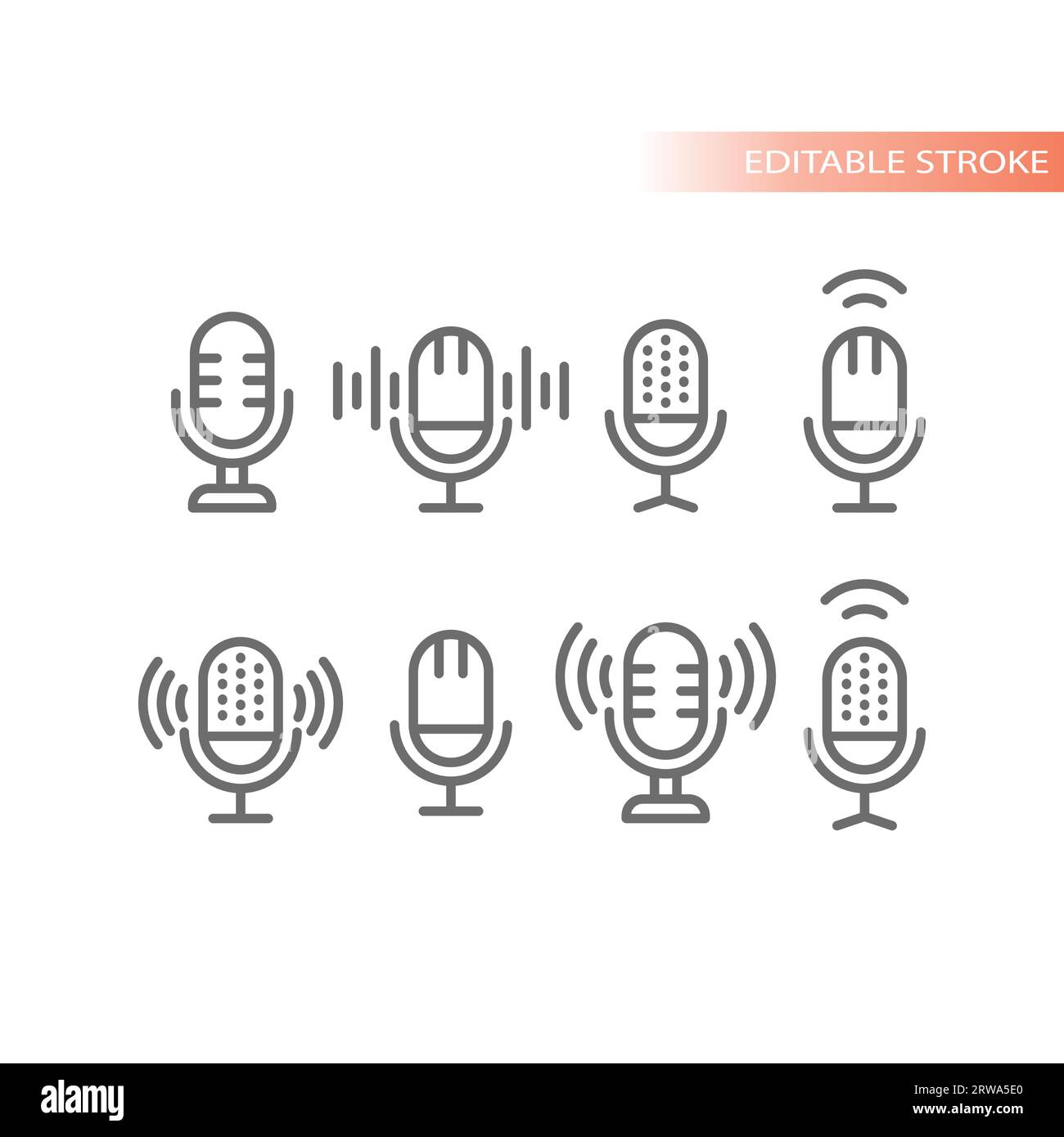 Microphone with sound waves vector icons. Mic, podcast and music outline icon set. Stock Vector