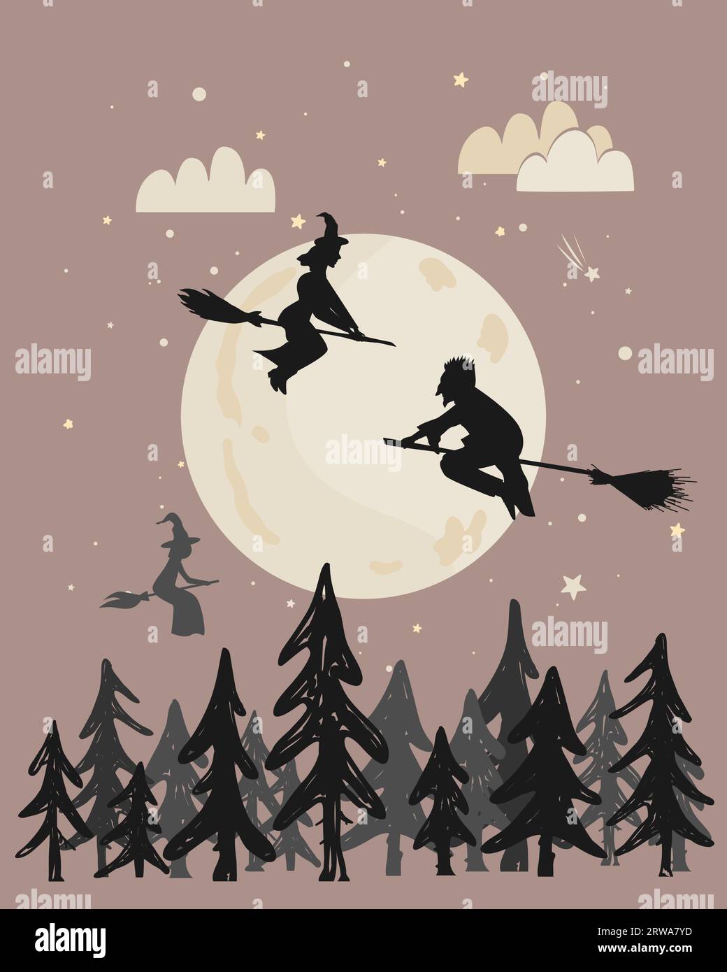 Black silhouette of a young witches and wizards flying on broom above the forest in the night sky. Vector clip art for Halloween Party. Stock Vector
