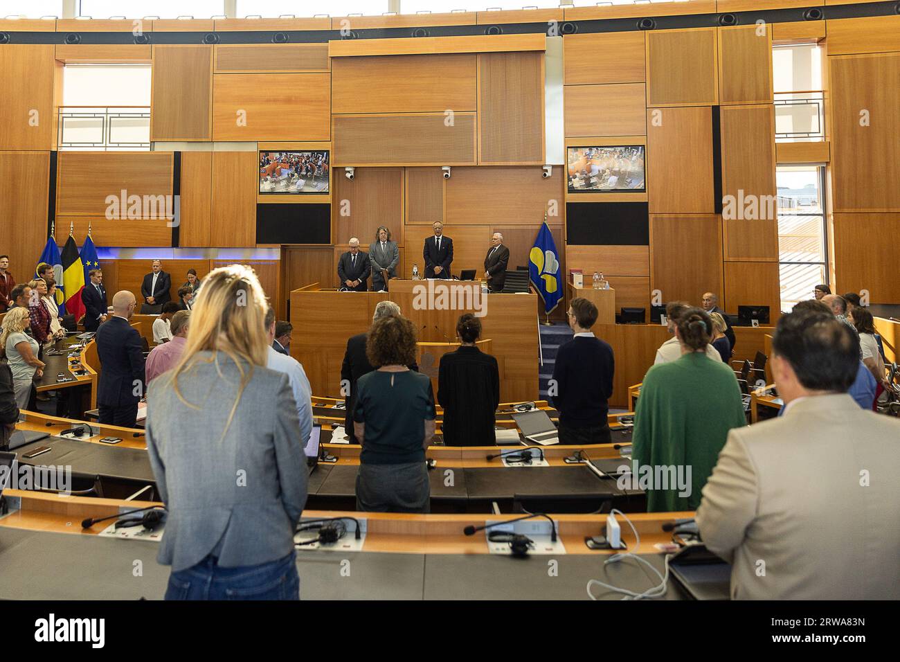 Brussels, Belgium. 18th Sep, 2023. Illustration picture shows one minute of silence for the victims of Morrocan earthquake and Libia floodings pictured during a plenary session of the parliament of the Brussels-Capital Region in Brussels, Monday 18 September 2023. BELGA PHOTO JAMES ARTHUR GEKIERE Credit: Belga News Agency/Alamy Live News Stock Photo