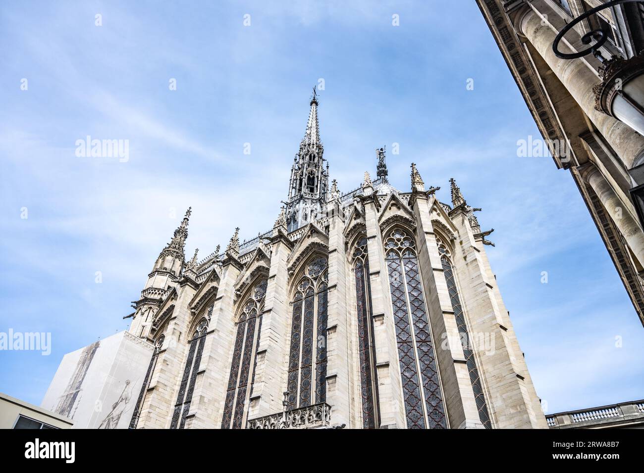 Exterior of Sainte-Chapelle with narrow and spiky spire. Palais de la Cite, Paris, France Stock Photo