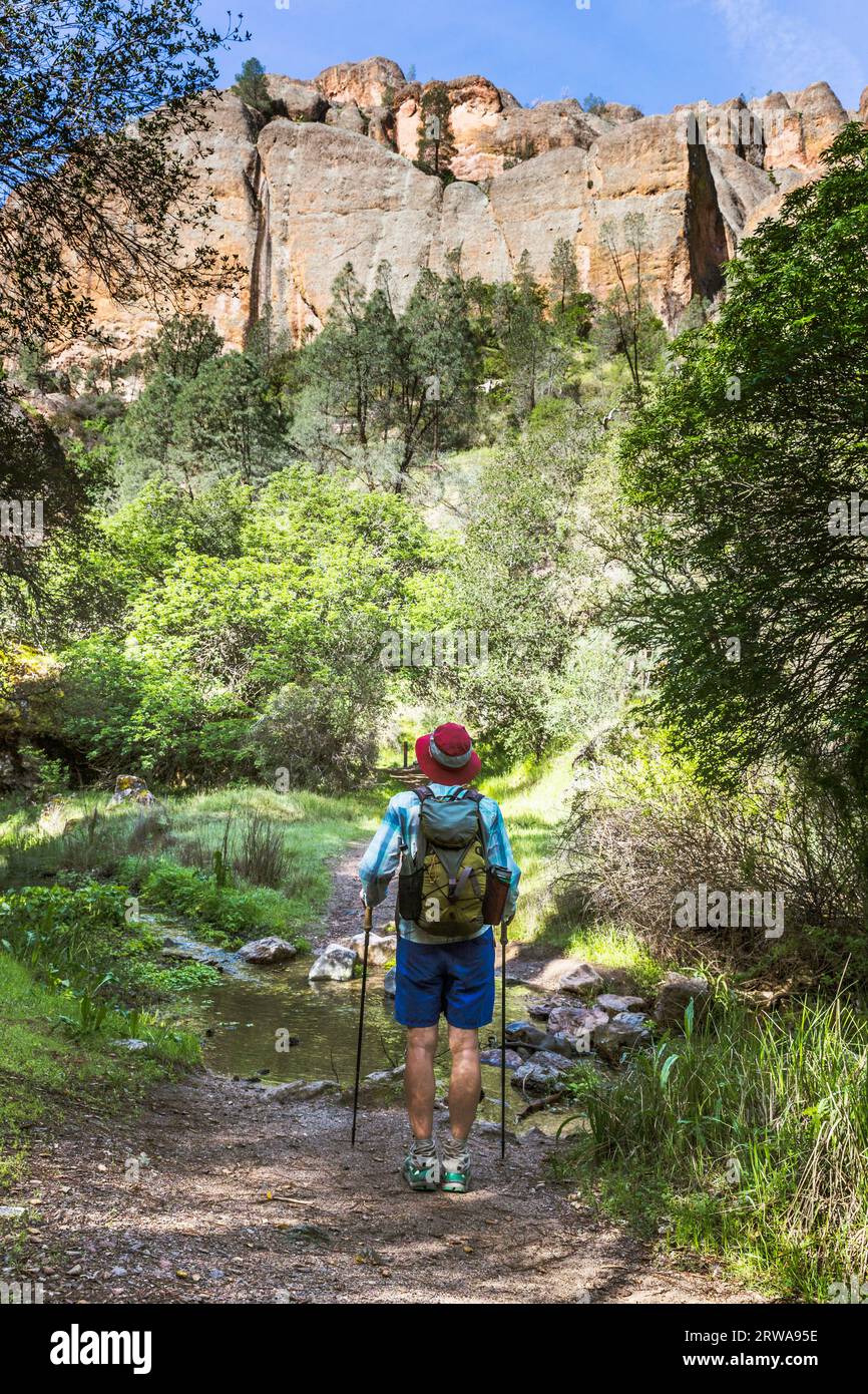 Rear view of a female hiker pausing to enjoy the ccenic view of the Balconies from the Old Pinnacles Trail, Pinnacles National Park. Stock Photo