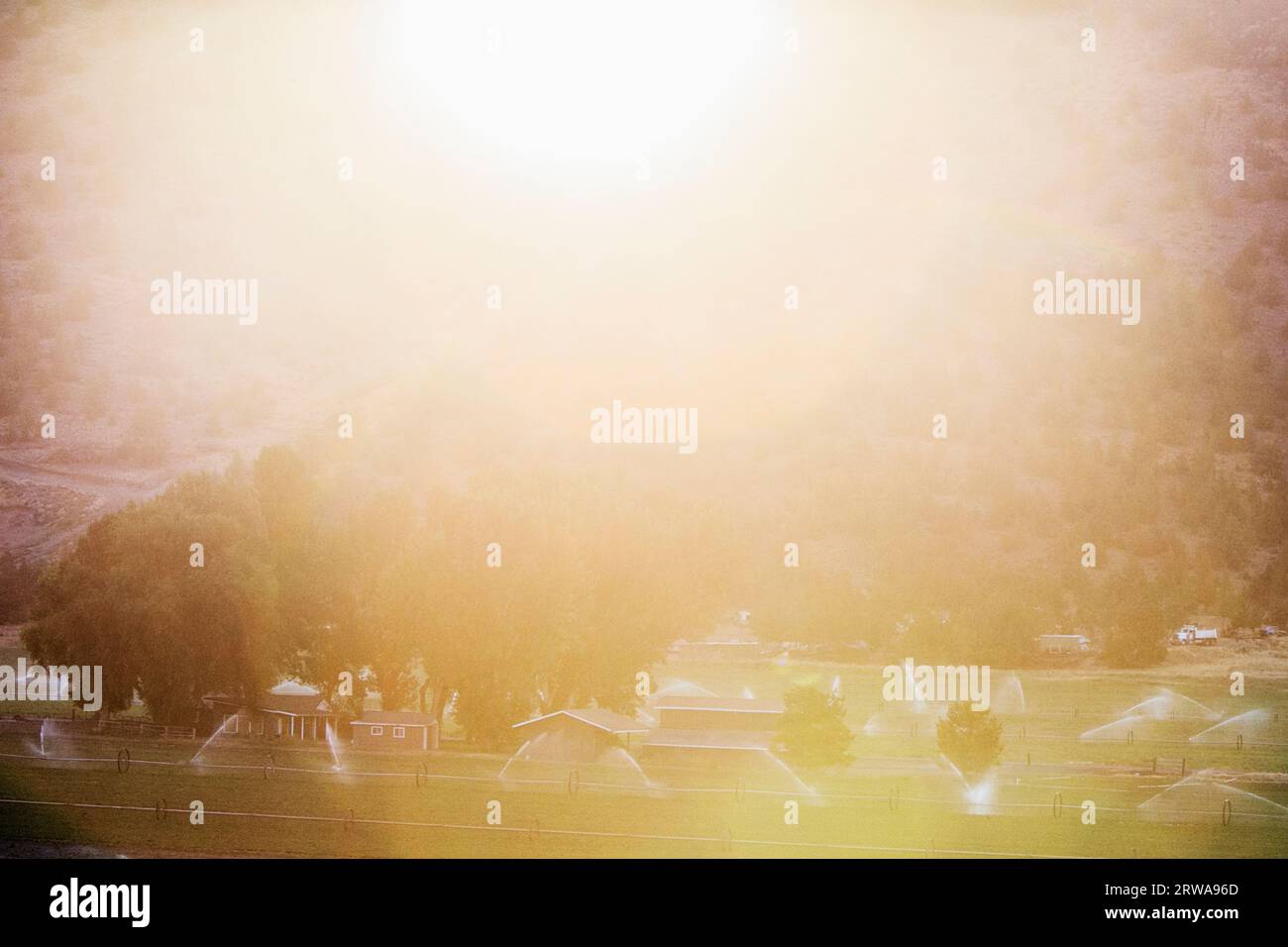 Back lit watering sprinklers over farm land Stock Photo