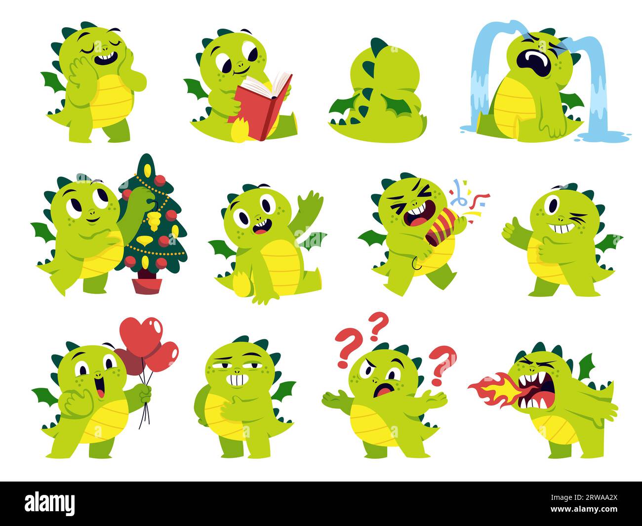 Baby funny dragon character. Cartoon dino mascot, different activities and emotions, cute fairytale animal, new year symbol, chinese mythology Stock Vector