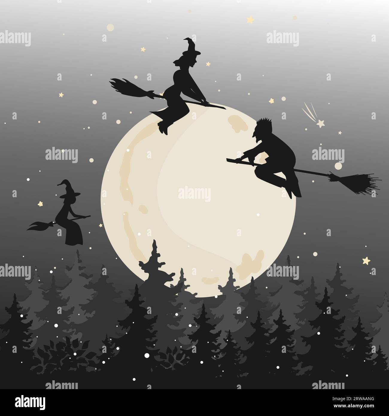 Black silhouette of a young witches and wizards flying on broom above the forest in the night sky. Vector clip art for Halloween Party. Stock Vector