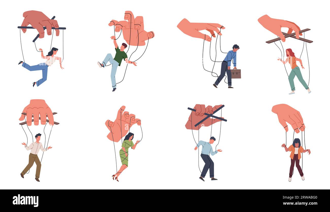 Cartoon puppets people. Persones manipulating process, flat characters with strings controlled by someone else hands. Marionette control. Freedom and Stock Vector