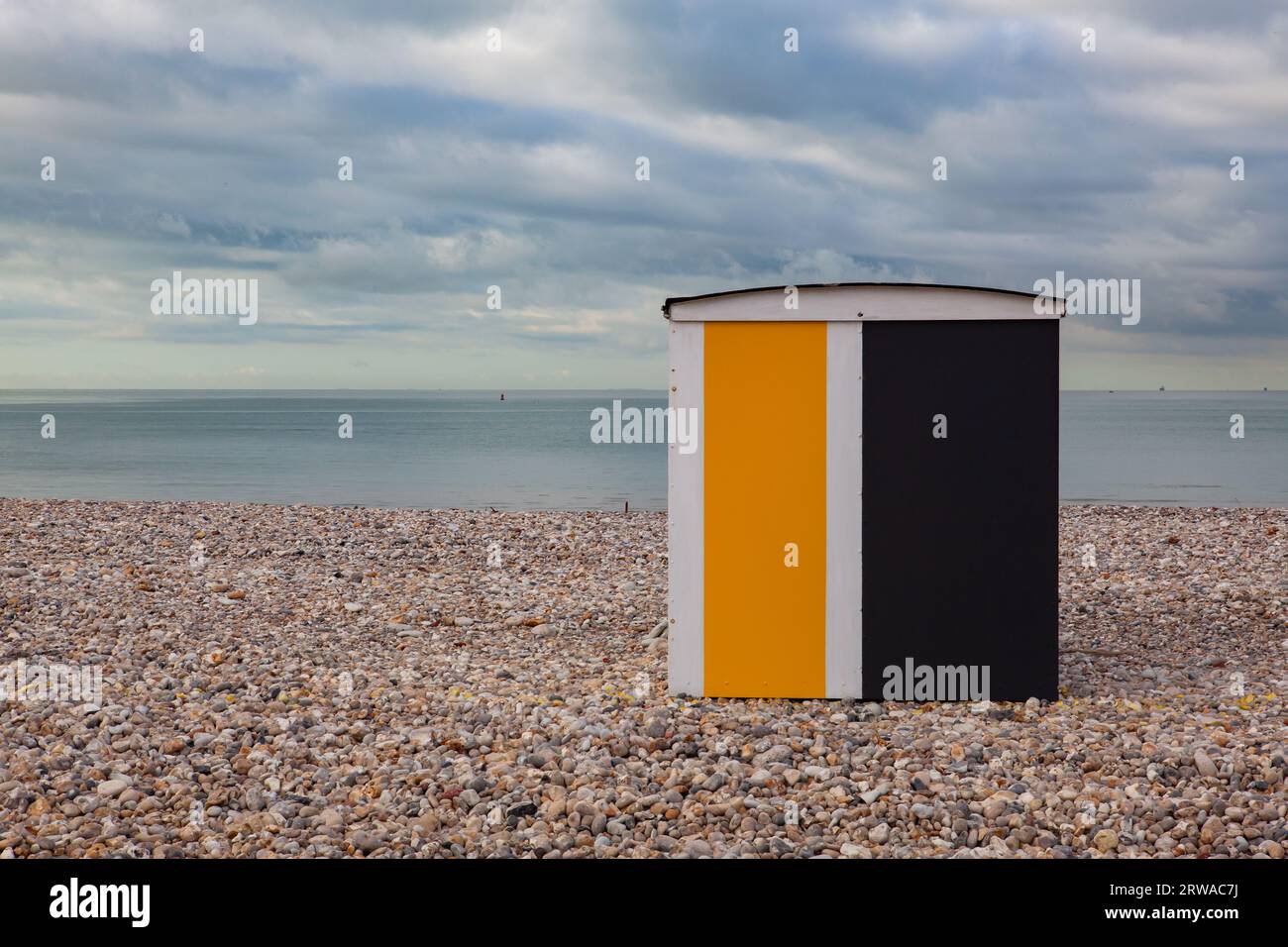 End of season on the beach, Le Havre, France. Small houses or beach cabins of different colors on the beach of Le Havre in France Stock Photo