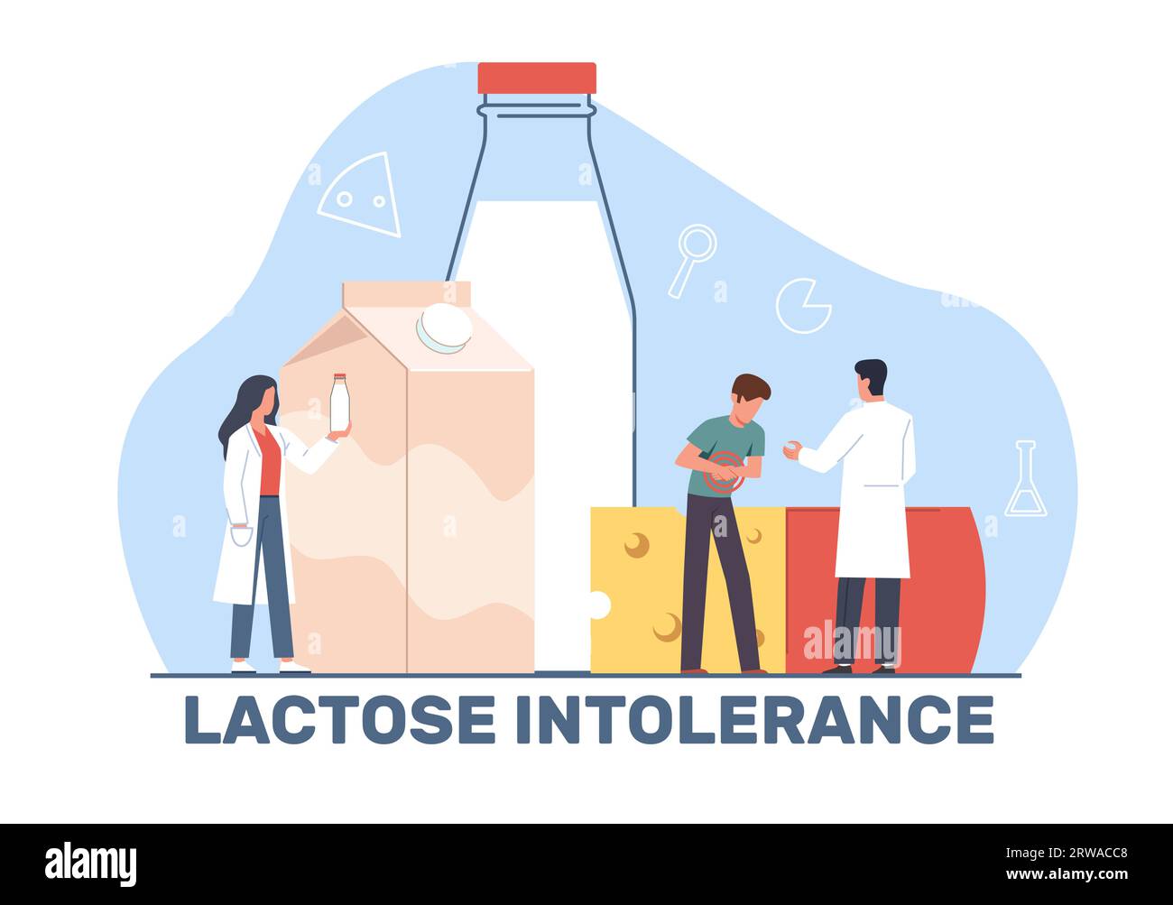Concept of lactose intolerance, man feels unpleasant sensations in stomach and consults doctor