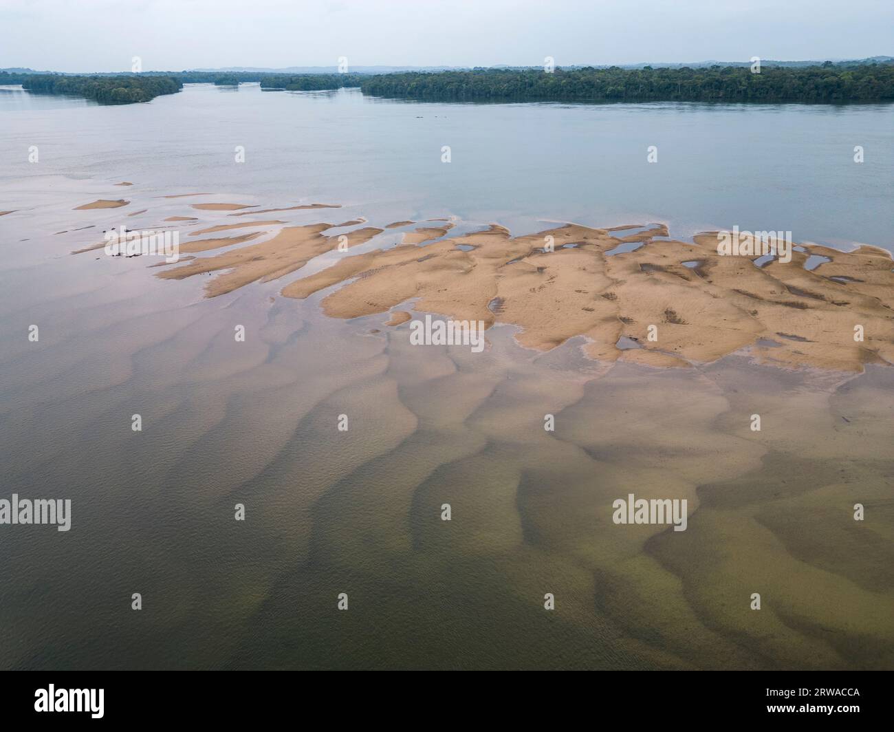 Beautiful aerial view to islands and sandbanks in wild green amazon rainforest in Juruena River, Mato Grosso State, Brazil Stock Photo