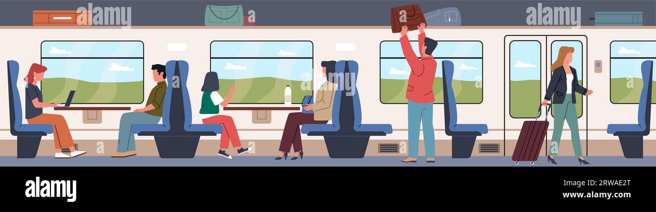 Train passengers people. Long distance public intercity transport, comfortable journey, luggage space, padded seats. Indoor cabin. Cartoon flat Stock Vector