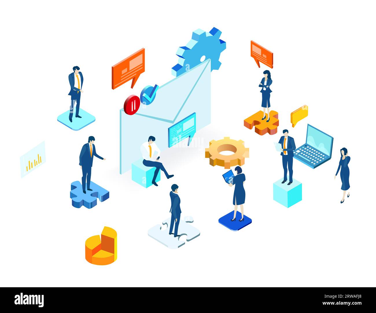 Application development iIsometric illustration. Business people work together, technology, big data, computing, artificial intelligence concept Stock Photo