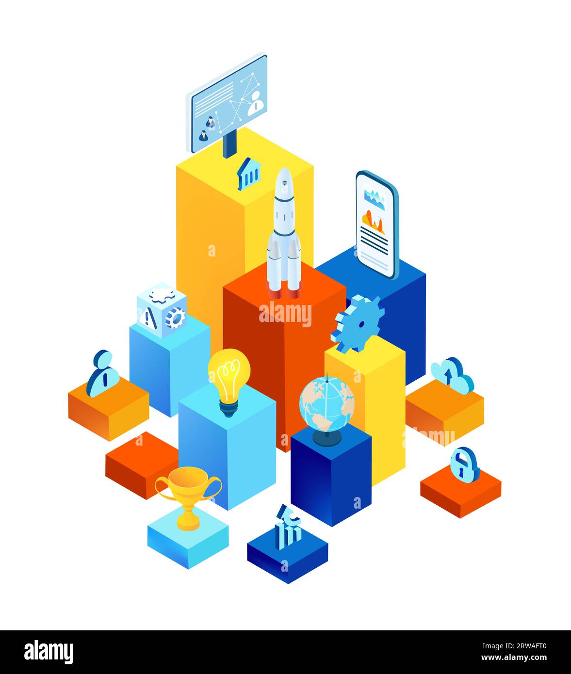Application development iIsometric illustration. Business people work together, technology, big data, computing, artificial intelligence concept Stock Photo