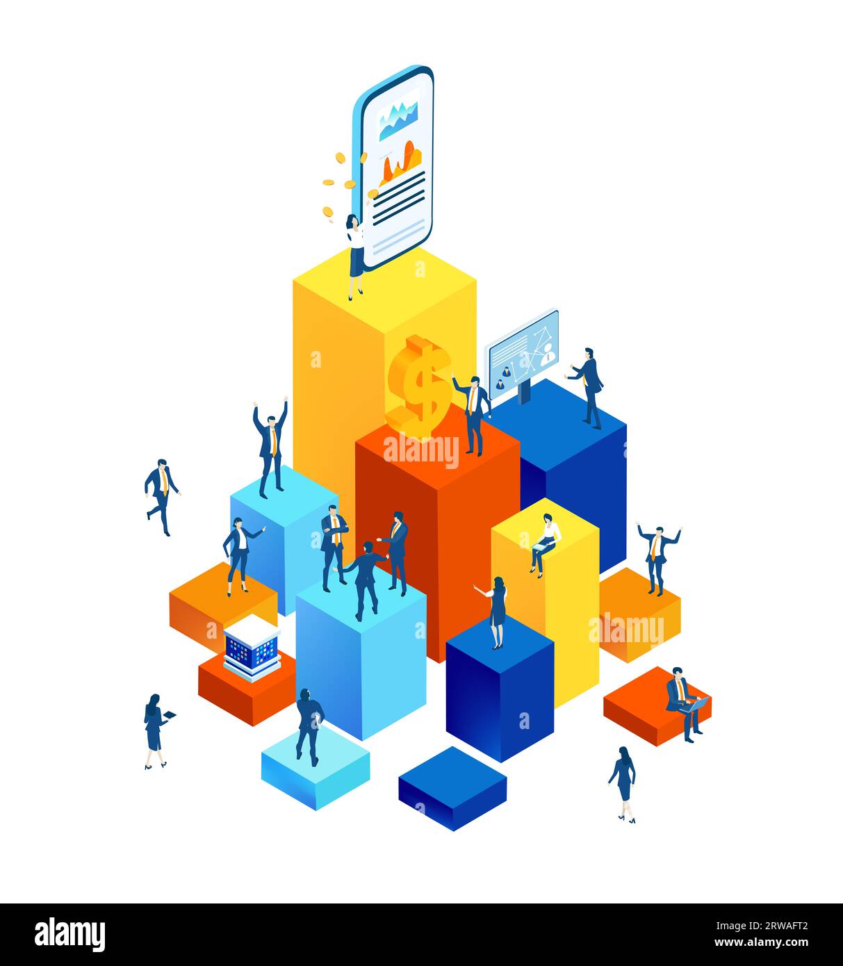 Application development iIsometric illustration. Business people work together, technology, big data, computing, artificial intelligence concept Stock Photo