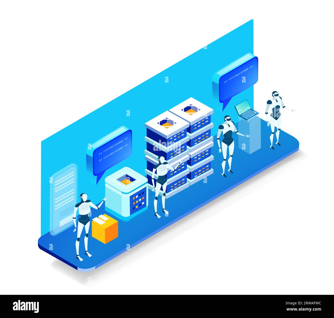 Robots and artificial intelligence concept infographic. Robots working in server room, big data. Human VS robots Stock Photo