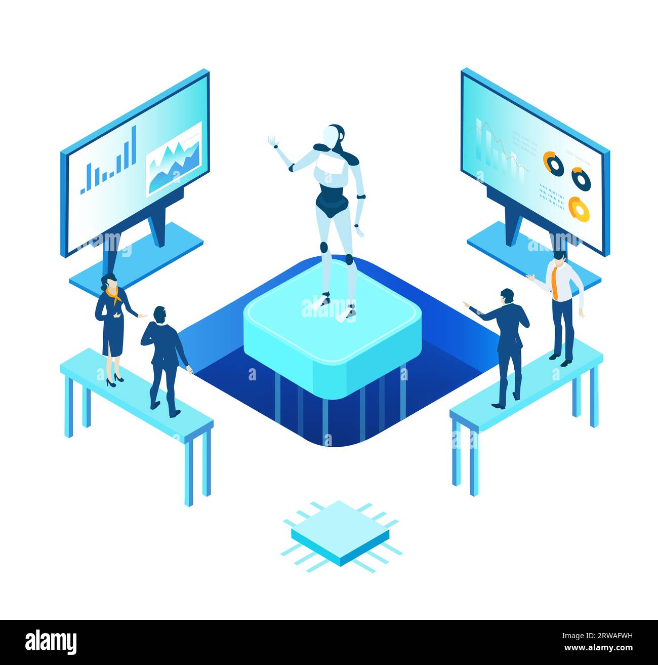 Isometric business environment. Robots and artificial intelligence