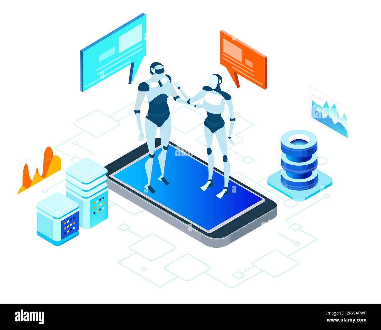 Robots and artificial intelligence concept infographic. Robots working in server room, big data. Human VS robots Stock Photo