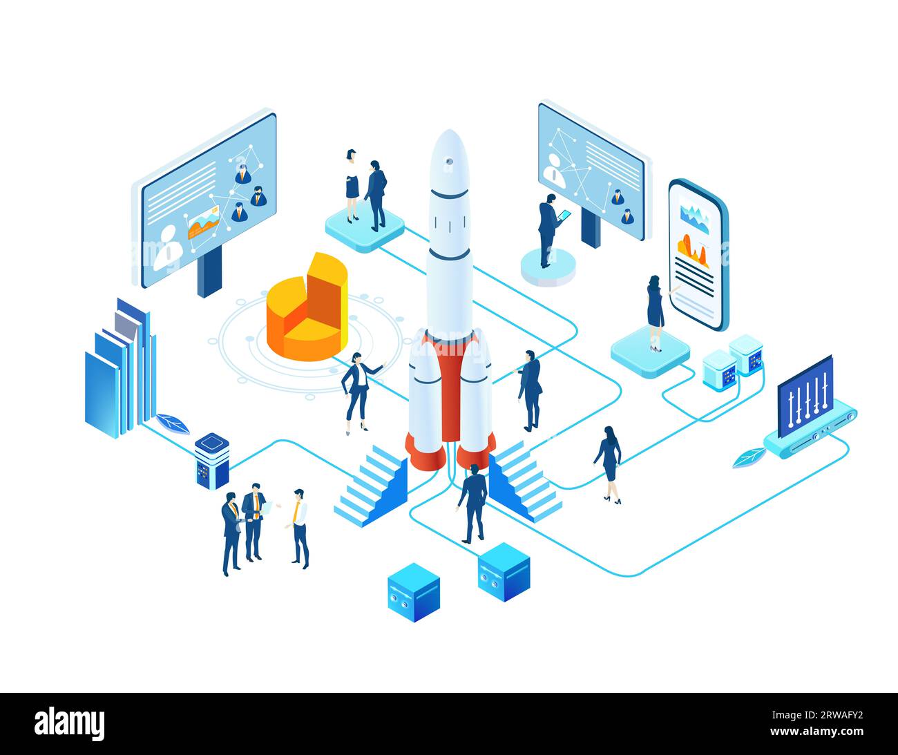 Isometric environment infographic. Business people work together next to rocket. Rocket is ready to start,  space technology, start up concept Stock Photo