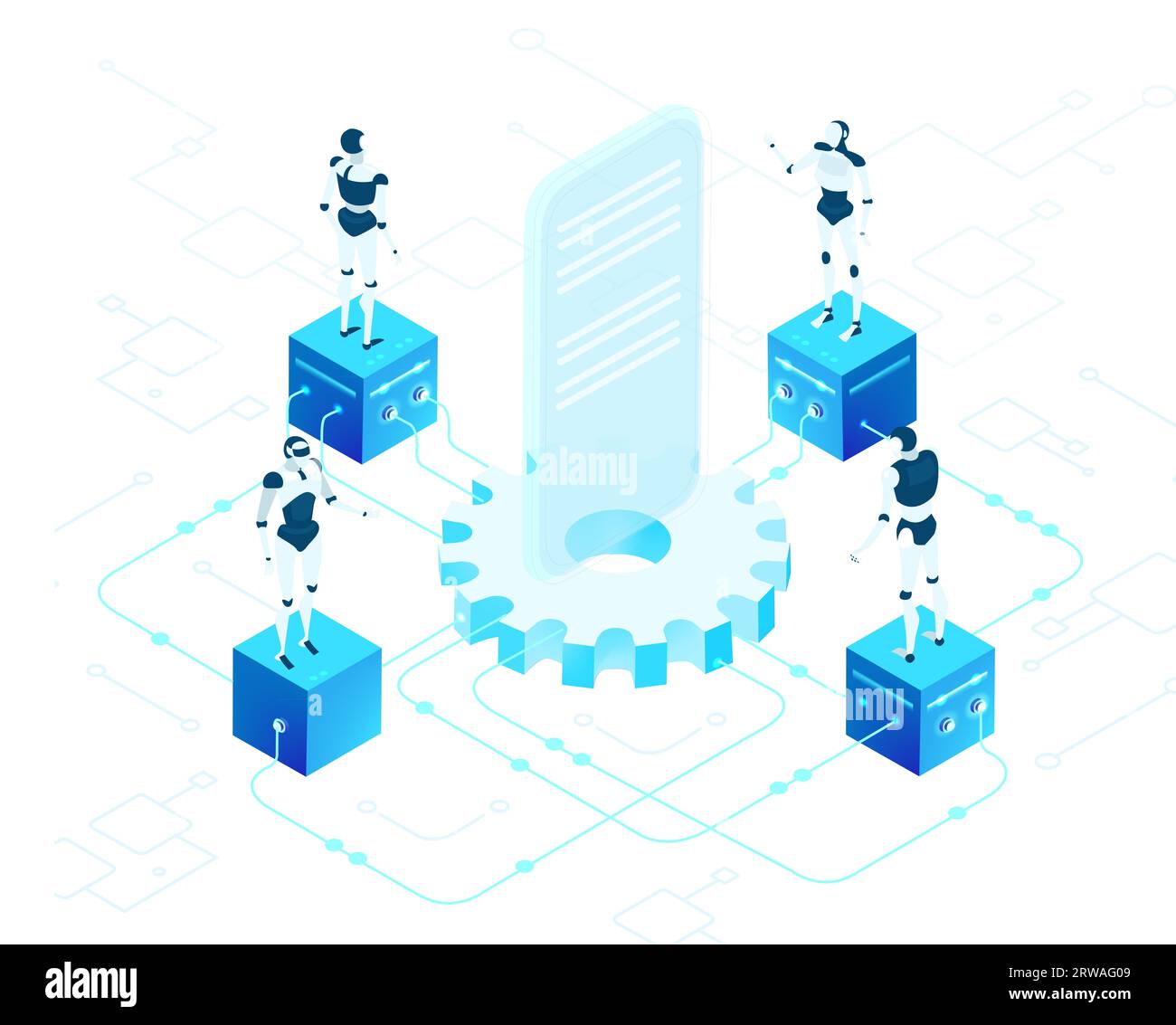 Robots and artificial intelligence concept infographic. Robots working in server room, big data. Human VS robots Stock Photo