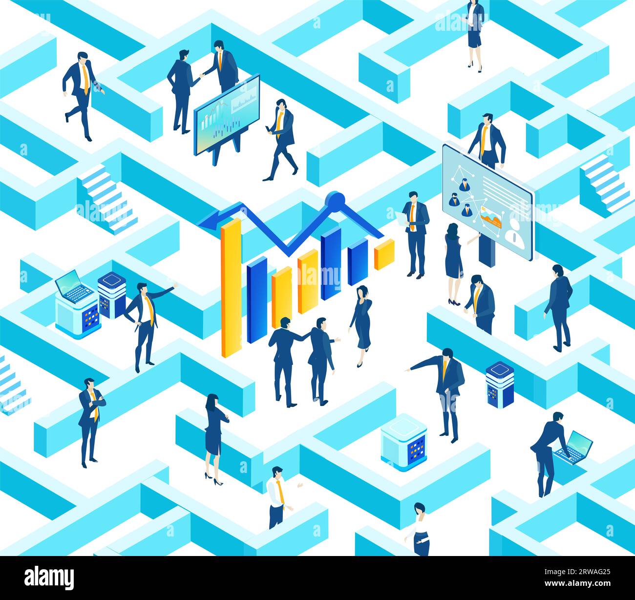 Isometric 3D labyrinth business environment. Business management ...