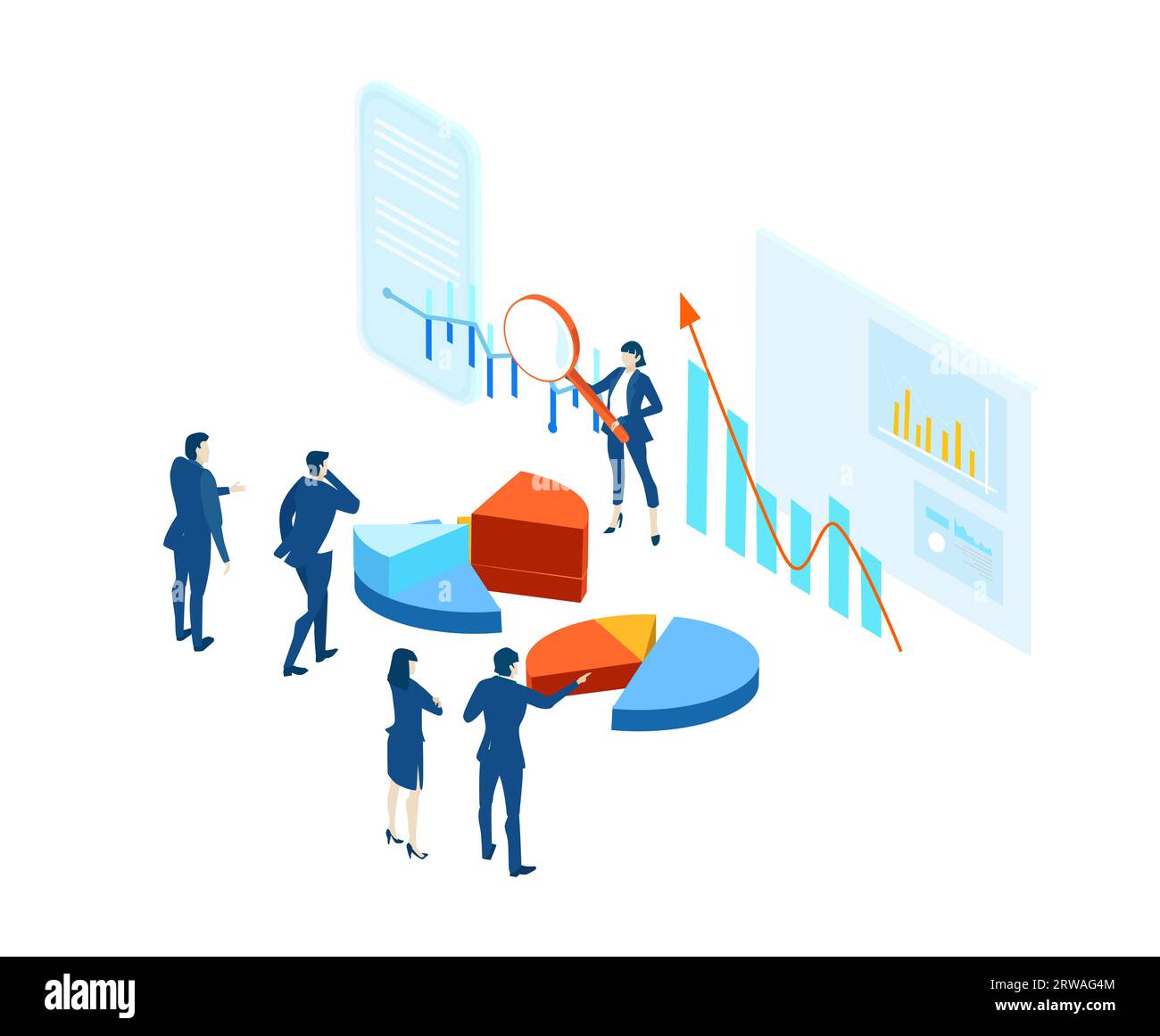 Business people reading growth graphs, financial reports, make calculations. Isometric business environment, business management Stock Photo