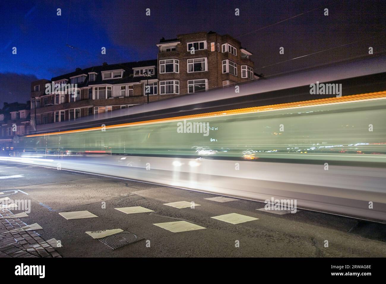 Power Failure in Rotterdam leaving large parts of the city blacked out for several hours. Tram passing. Stock Photo