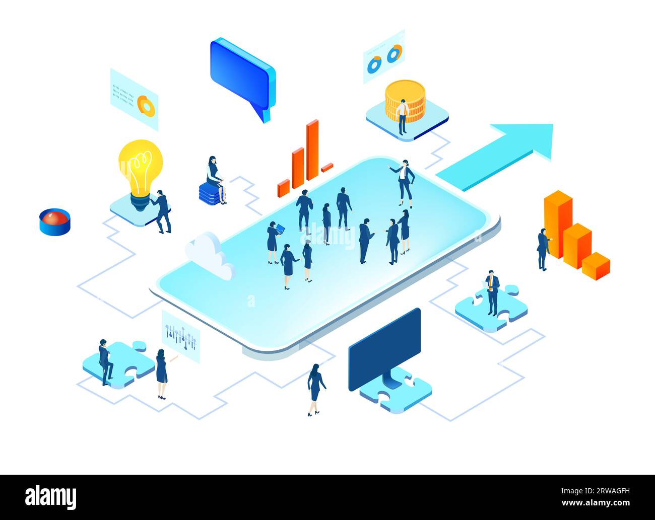 Application development iIsometric illustration. Business people work together, technology, big data, computing, artificial intelligence concept Stock Photo