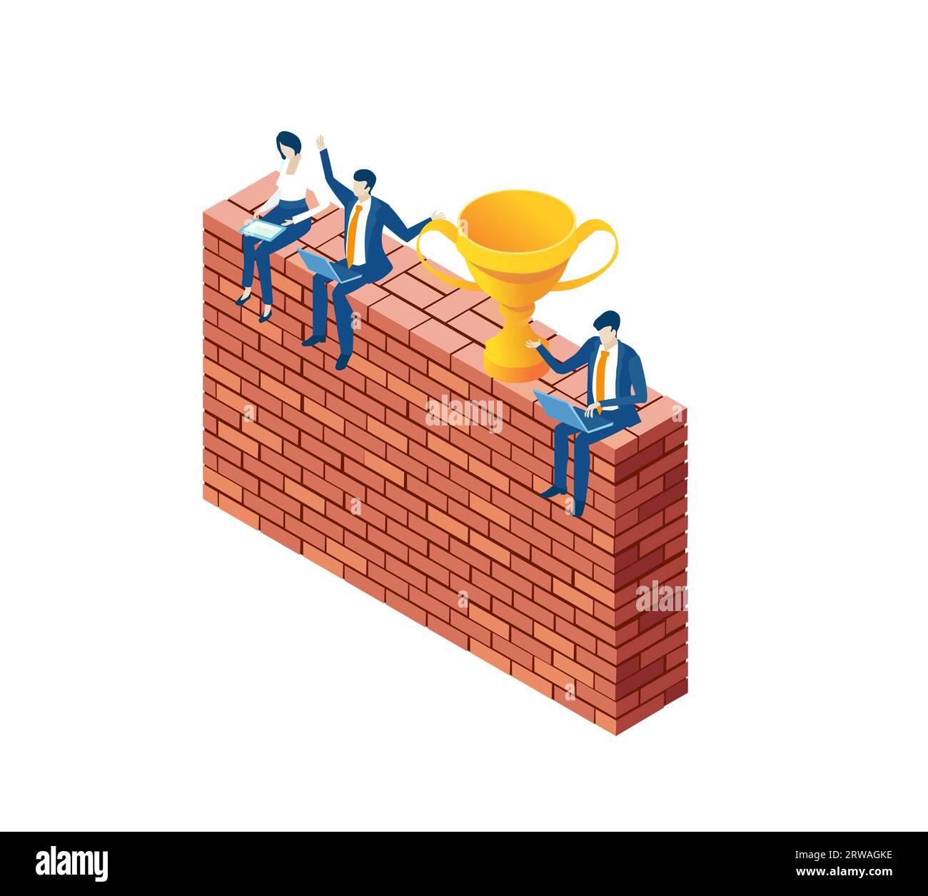 Business people work together next to brick wall. Help, support, collaborating concept. Isometric environment infographic. Stock Photo