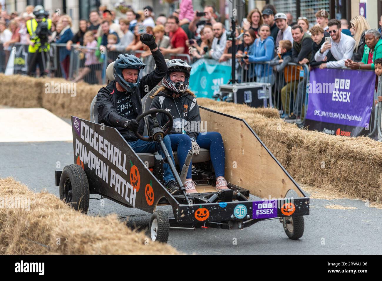 Colchester Soapbox Rally. Soapbox derby gravity racing in the High Street of Colchester, Essex, UK. Entry 36, Coggeshall Pumpkin Patch Stock Photo