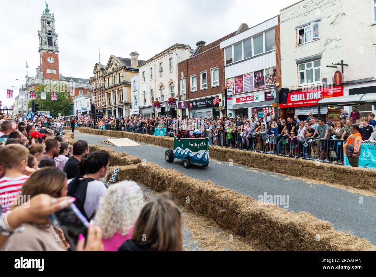 Colchester Soapbox Rally. Soapbox derby gravity racing in the High Street of Colchester, Essex, UK. Entrant 06 Valkyrie, Rowhedge Coastal Rowing Club Stock Photo