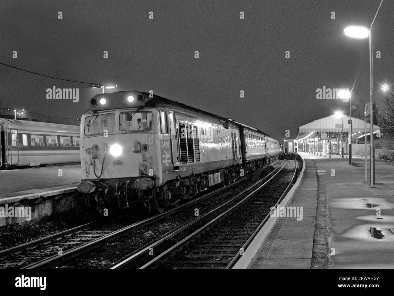 A Class 50 diesel locomotive number 50050 (D400) working Network SouthEast ’Network Express’ service at Basingstoke on the 5th January 1992. Stock Photo