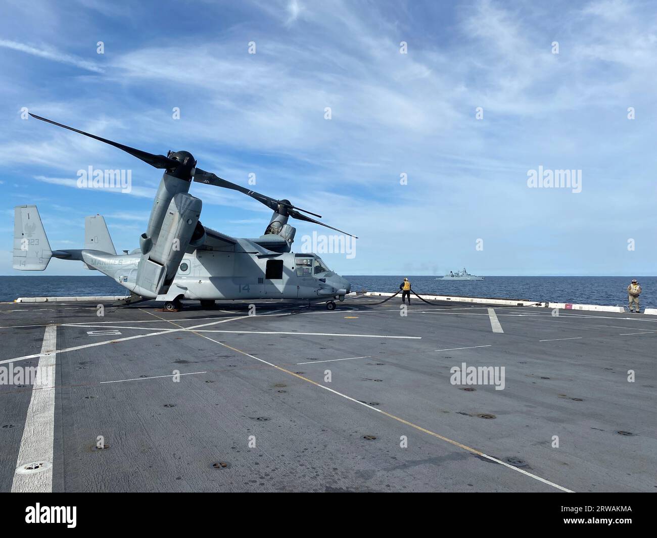 Latvia. 18th Sep, 2023. An aircraft from the MV-22 Osprey stands on the USS Mesa Verda. The maneuver is a German Navy exercise designed to strengthen cooperation between countries in the Baltic Sea region. Fourteen countries are participating in the exercise. Credit: Alexander Welscher/dpa/Alamy Live News Stock Photo
