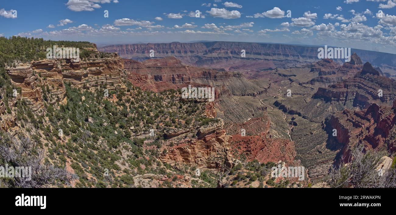 View of Unkar Creek from the south cliffs of Cape Final on the North Rim of Grand Canyon Arizona. On the right in the distance is Freya's Castle and V Stock Photo