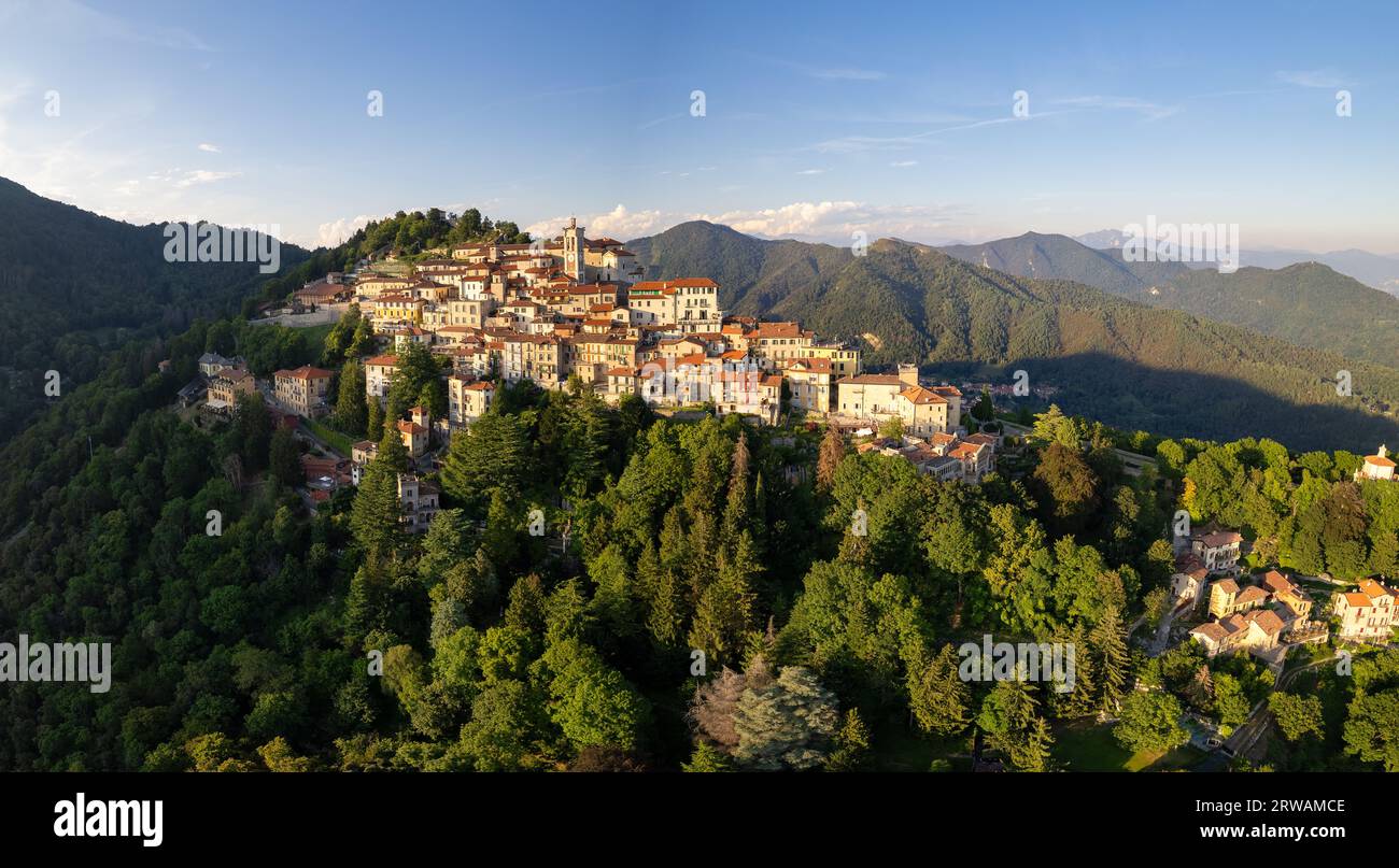 Aerial view of the Sacro Monte of Varese, this sacred mount is a historic pilgrimage site and Unesco World Heritage for the Sanctuary of Santa Maria d Stock Photo
