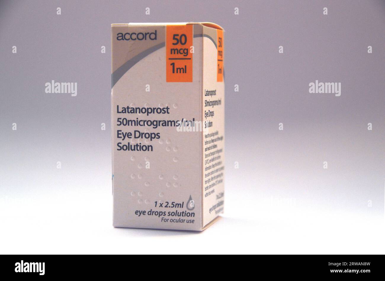 Small Box of Latanoprost 50mg/ml + 1mg/ml Daily Eye Drop Solution by Accord to Treat Glaucoma and Ocular Hypertension. Stock Photo